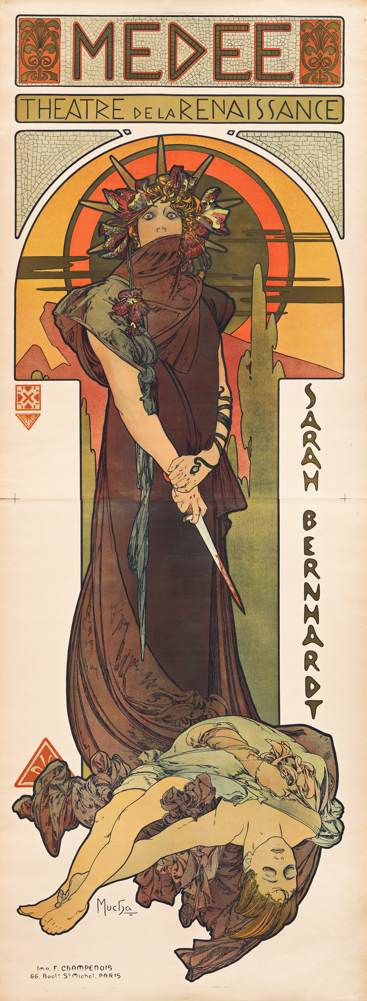 ALPHONSE MUCHA (1860-1939).  MEDEE / SARAH BERNHARDT. 1898. 82¼x30½ inches, 209x77½ cm. F. Champenois, Paris.